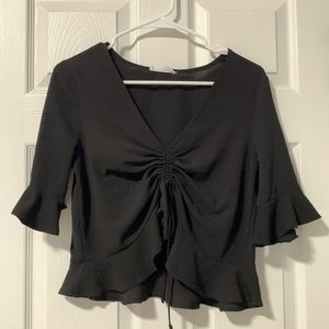 Black tie front ruched bell sleeve top